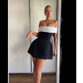 off Shoulder Black White Contrast Color Tight Waist a Swing Design Bow Dress