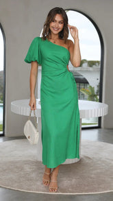 Fashionable Elegant Oblique Shoulder Puff Sleeve Side Slit Dress