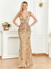 Sequined Champagne Evening Cocktail Slim Fit Fishtail Long Toast Dress