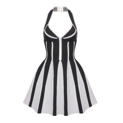 French Sweet Spicy Halter Backless Spaghetti Straps Knitted Striped Dress Bandage Jacquard