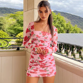 Printed Square Collar Long Sleeve Waist Ruffle Hip Dress