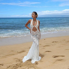 Elegant Lace Hollow Out Cutout out Halter Maxi Dress Backless Solid Color Dress