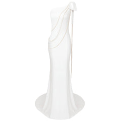 Fall White Diagonal Collar Chain Shoulder Bow Dress Cocktail Formal Dress