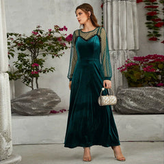 Long Sleeve round Collar Gauze Lace Velvet Cami Dress