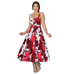 Vestido largo elegante con estampado de rosas rojas y tirantes
