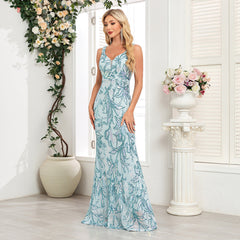 Double V neck Evening Dress Sequined Embroidered Floral Elegant Mermaid Party Maxi Dress