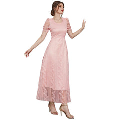 French Minority Slimming Mesh Stitching U Collar Solid Color Dress