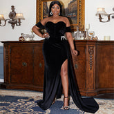 Plump Girls Plus Size Long Wedding off- eck Slimming Party Cocktail Light Luxury Evening Dress