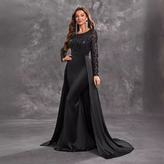 Prom Party Dress Sequined Long Sleeve Round Neck Elegant Black Formal Dress