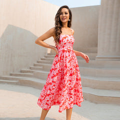 Floral Dress Printed Closing Belt Low Cut Romantic Vacation Dress