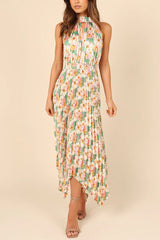 Printing Folding Solid Color Sleeveless Halter V neck Asymmetric Dress