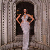 Vestido camisola de gasa con lentejuelas y diamantes de cuentas plateadas, sin espalda, para cenas en la alfombra roja