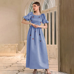 Elegantes blaues A-Linien-Kleid mit hoher Taille und eckigem Kragen