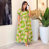 Dress Fresh Printed Square Collar Puff Sleeve Patchwork Ruffled Maxi Dress