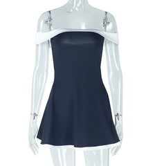 Black White Color Matching Fresh Backless High Waisted Skirt off Neck Raglan Sleeve Short Dress