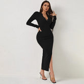 Split Backless V Neck Slim Fit Sheath Dress Elegant Dress