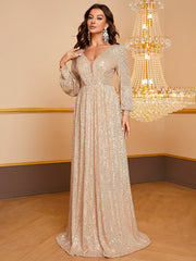 Paillettenbesetztes, langärmeliges, elegantes und schlichtes Cocktail- und Abendkleid mit V-Ausschnitt