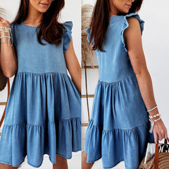 Loose Cake Mold Short-Sleeved Denim round Neck