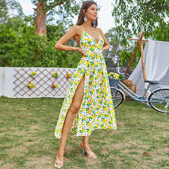 Floral Strap Dress Deep V Plunge High Slit Backless Maxi Dress Rural Sweet Vacation