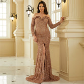 Vestido de cóctel elegante de manga larga con lentejuelas y escote descubierta, vestido de dama de honor