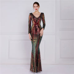 Positioning Floral Sequin Evening Banquet Elegant Long Sleeve Sequined Queen Fishtail Dress
