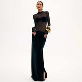 Black Long Sleeve Mesh Velvet Stitching Long Hip Slim Fit