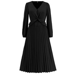 Long Sleeve V Neck Slim Fit Pleated Dress Solid Color Lantern Sleeve Maxi Dress Popular