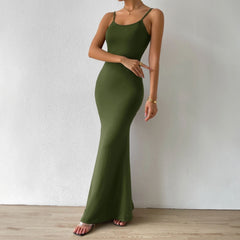 Solid Color Suspenders Sleeveless Backless Dress