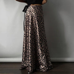 Satin Draping Skirt Leopard Print Sheath Fishtail Skirt Floor Length Dress