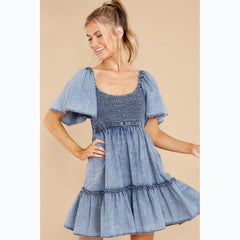 Close-Fitting Fresh Sweet Babydoll Denim Dress Smocked