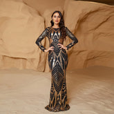 Long Sleeve Crew Neck Slim Long Sequined Cocktail Evening Dress Bridesmaid