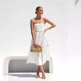 Vestido de línea dulce fresca, largo medio, vestido de tirantes pequeño