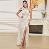 Elegant Graceful One Shoulder Slit Dress Slim Waist Evening Dress