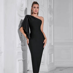 Solid Color Slim Hip Skirt Solid Color Stitching Bandage Dress Shoulder Dress