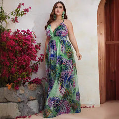 Plus Size Chiffon Spaghetti Straps Sleeveless Maxi Dress Printed V neck Vacation Dress