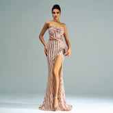 High Class Elegant off Neck Wrapped Chest Cocktail Sequined Split Sheath Evening