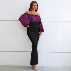 Vestido tubo de color contrastante, vestido francés de alta gama con mangas largas y cuello descubierto