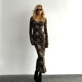 Leopard Print Basic Square Collar Long Sleeve SocialiteElegant Sheath Dress