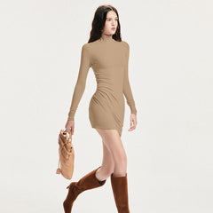 Solid Color Half Collar Waist Controlled Slimming Hip Bag Dress