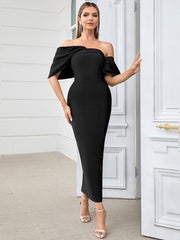 Hip Wrapped Dress Irregular Asymmetric Pleated Shoulder Sleeve Elegant Dress