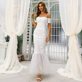 White Wedding Bridesmaid Dress Off Neck Mesh Long Patchwork Toast Dress Evening
