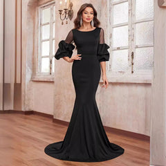 Simple Prom Evening Dress Crew Neck Long Sleeve Elegant Party Fishtail Dress Black Evening Dress
