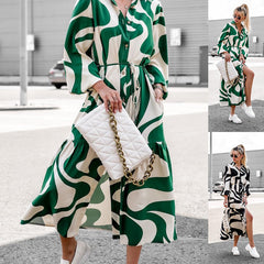 Printed Casual Lace up Shirt Dress Long Dress