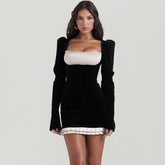 Dress Long Sleeve Square Neck Pleuche Dress Short Dress Slim Fit Backless Hip Dress