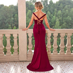 Solid Color Tied Backless Slit Camisole Gown Maxi Dress