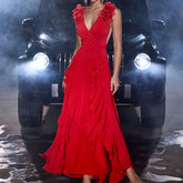 Vestido elegante sin mangas con espalda descubierta y estampado floral de gasa