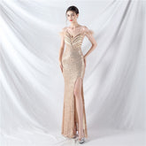 Craft Order Ostrich Feather Sequin Ladies Party Evening Dress Long Sleeveless Split Toast Dress
