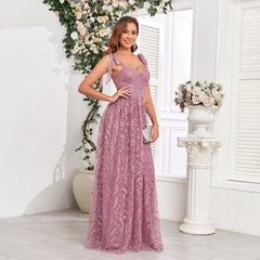 Vestido de noche para fiesta con escote en V atado, espalda en U, cremallera y dobladillo en A grande, forro completo