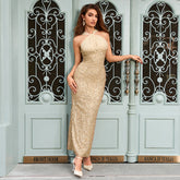 Dress Halter Stitching Sequined Sleeveless Slim Fit Backless Dress
