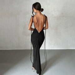 Backless Pleated Dress Evening Dress Sleeveless Strap Dress for